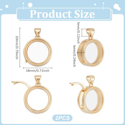 UNICRAFTALE 2Pcs Real 18K Gold Plated Memory Locket Pendants 20mm Long Crystal Photo Frame Locket Pendants Metal Flat Round Charms Glass Floating Charm for Necklace Jewelry Making