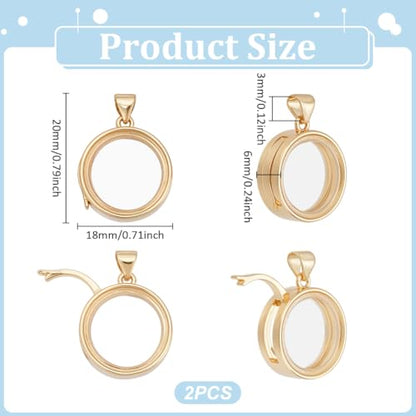 UNICRAFTALE 2Pcs Real 18K Gold Plated Memory Locket Pendants 20mm Long Crystal Photo Frame Locket Pendants Metal Flat Round Charms Glass Floating Charm for Necklace Jewelry Making