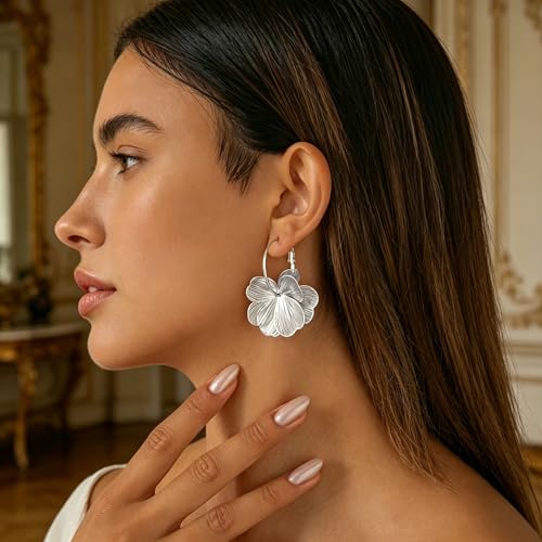 Gold Silver Flower Hoop Earrings for Women 14K Gold Plated Large Layered Flower Dangle Drop Earrings Wedding Party Holiday Birthday Gifts Lightweight Trendy Bohemian Jewelry Gift for Her - color: Silver