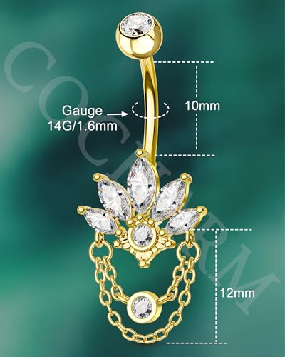 COCHARM 14G Lotus Belly Button Rings Dangle Belly Navel Rings for Women Surgical Steel Navel Piercing jewelry - color: YG-10MM