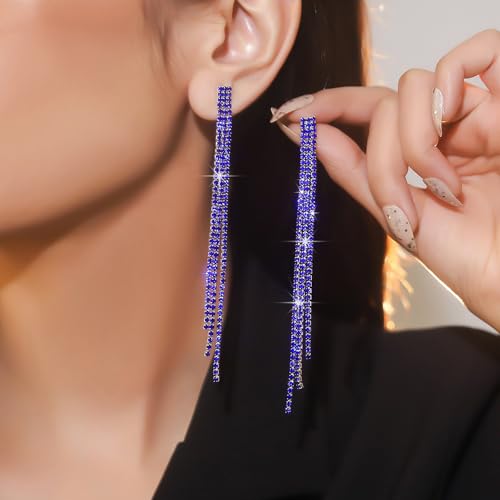 Sparkly Rhinestone Long Tassel Dangle Earrings Crystal Chandelier Dangle Drop Earrings Wedding Party Prom Earrings Jewelry for Women Gifts - color: Silver Blue