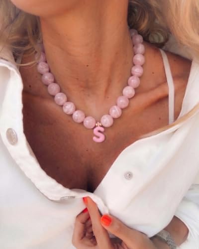 DoDoBeads Chunky Colorful Beaded Initial Necklace, Bubble Letter Choker | Gift box and dust pouch included; waterproof and sweat-resistant with real gold plated stainless steel hardware - color: Pink-M
