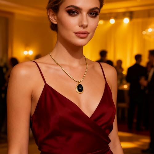Sonateomber Gold Stone Pendant Necklace for Women, Chunky Statement Dainty Heart Oval Natural Gemstone Dangle Necklaces Wedding Prom Accessories Fashion Jewelry Gift - color: Black Obsidian