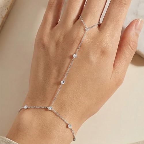Mchic Hand Chain Tennis Bracelets for Women Trendy: Dainty Diamond Beaded Bracelet 14K Gold Plated/Silver Finger Ring Bracelet Hand Chain Jewelry Adjustable Sparkly Prom Bracelets - color: small CZ hand chain silver