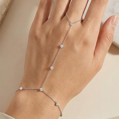 Mchic Hand Chain Tennis Bracelets for Women Trendy: Dainty Diamond Beaded Bracelet 14K Gold Plated/Silver Finger Ring Bracelet Hand Chain Jewelry Adjustable Sparkly Prom Bracelets - color: small CZ hand chain silver