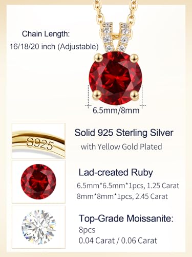 CYW Genuine Sapphire/Emerald/Ruby/Moissanite Necklace for Women, Really Authentic Solid 925 Sterling Silver, 16"/18"/20" Adjustable Chain, Anniversary Mother's Day Valentines Gift - color: Ruby - Round - Yellow Gold, size: 8mm