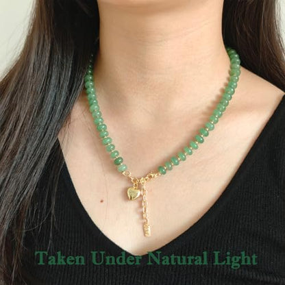 Boho Gemstone Beaded Necklace for Women – Colorful Natural Stone Choker 18K Solid Heart-Shaped Pendant, Summer Beach Jewelry - color: Green Aventurine