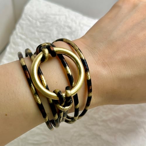 Bracelets for Women Leather Bracelet Multi-Layer Rope Wrap Bangle 14k Gold Plated Cirle Hollow Tube Boho Cuff Bangle Bracelets for Women Gift - style: Leopard Leather Bracelet