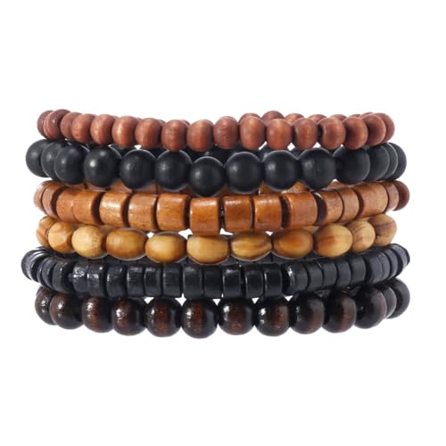 Mens Beaded Bracelets Tribal Wooden Elastic Adjustable Prayer Beads Wrap Cuff for Women - color: F: 6pcs