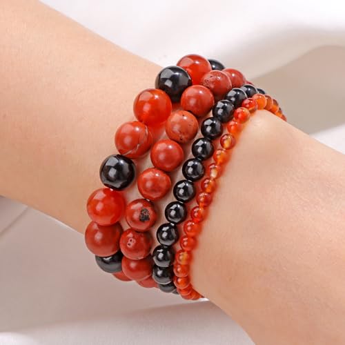 Vinswet 4pcs Beaded Bracelets for Women,Natural Healing Crystal Gemstones Bracelet,Anxiety Stress Relief Bracelet Handmade purple Jewelry Gifts for Women - color: Red agate&Black obsidian&Red Jasper