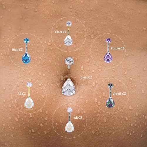 AROWRO Gold Belly Button Ring G23 Titanium Hypoallergenic 14G belly ring for Women Men Teardrop Navel Piercing Jewelry 10mm Barbell With Cubic Zircon - color: Silver+Teardrop Clear CZ
