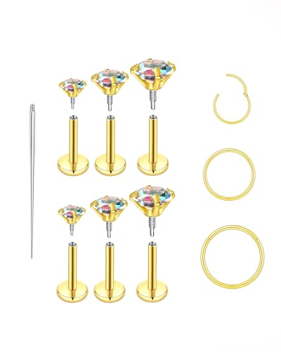 16G 18G Surgical Steel Internal Thread Stud Piercing Jewelry Set Nose Medusa Lip Labret Stud Hypoallergenic Clicker Hoop Septum Rings Cartilage Tragus Helix Conch Earrings for Women Men - color: 16G-8mm-gold