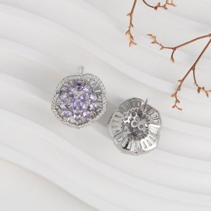 Crystal Flower Burst Stud Earirings - Big Sterling Silver CZ Cubic Zirconia Rhinestone Daisy Sunflower Floral Cluster Studs Bridal Wedding Party Prom Costume Jewelry for Bride Bridesmaids Women Birthstone Birthday Gift - color: Mauve