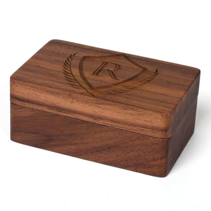 Mens Initial Cufflinks and Tie Clip A-Z Alphabet Letter Black Stainless Cuff Links Tie Bar with Engraved Walnut Wood Box Groom Groomsman Wedding Set - style: Classic-R