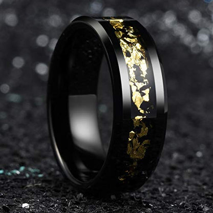 King Will Mens Wedding Band with Foils Inlay, Black/Silver/Gold Beveled Edge Glowstone Ring, 6mm/8mm Tungsten Carbide Rings Comfort Fit - color: Black&Gold-8mm