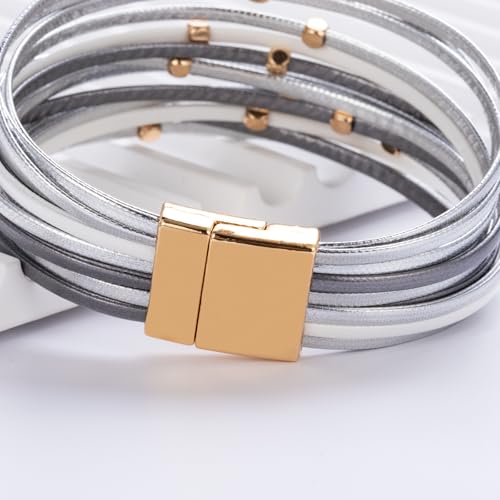 Stackable Beaded Leather Wrap Bracelet Boho Western Country Beach Jewelry | Layered Bead Stack Multi Strand Magnetic Clasp Cuff Bangle Bohemian Hippie Cowgirl Fashion Summer Vacation Outfits for Women - color: Silver