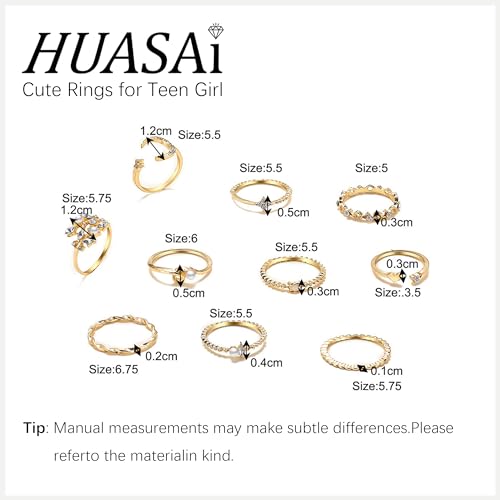 HUASAI Gold Stackable Rings Set for Women Boho Dainty Moon Star Pearl Leaf Cubic Zirconia Heart Midi Pinky Trendy Jewelry Birthday Gifts - color: R Gold Moon Star Rings 10 Pcs
