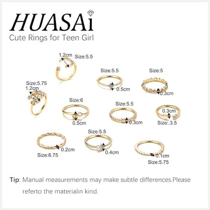 HUASAI Gold Stackable Rings Set for Women Boho Dainty Moon Star Pearl Leaf Cubic Zirconia Heart Midi Pinky Trendy Jewelry Birthday Gifts - color: R Gold Moon Star Rings 10 Pcs