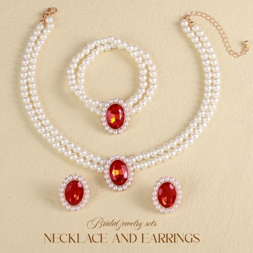 Brishow Pearl Necklace Jewelry Set Wedding Pearls Earrings Necklaces Set Bridal Crystal Bracelet Jewelry for Women (Pack of 3) - color: Red, size: 2 Layered