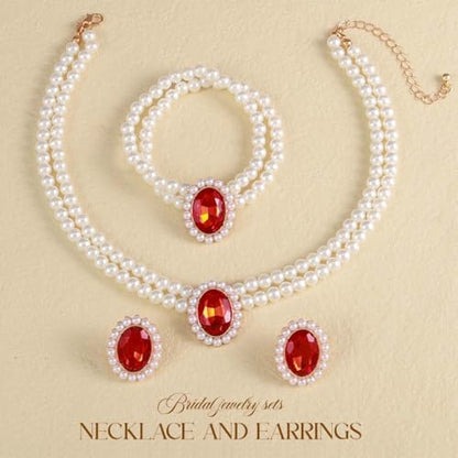 Brishow Pearl Necklace Jewelry Set Wedding Pearls Earrings Necklaces Set Bridal Crystal Bracelet Jewelry for Women (Pack of 3) - color: Red, size: 2 Layered