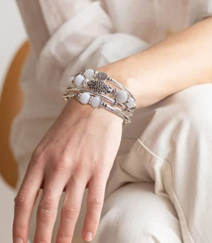 FULU AUTUMN Stackable Beaded Bracelets for Women Boho Wrap Silver Bracelet Layered Fashion Jewelry Gifts for Her - color: Porcelain White