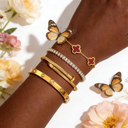 Gold Bracelets for Women, 18K Gold Plated Women Tennis Bracelets Clover Nail Love Bangle Bracelet Set, Gold Bracelet Stackable Set Trendy Jewelry, Gifts for Women's Day and Mother's Day - color: 12-Color- 4 Red