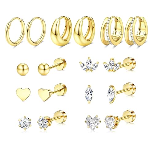 Stainless Steel Stud Earrings Set for Women Hypoallergenic Flat Back Cartilage Earrings Screw Back Huggie Hoop Earrings Multiple Piercing Cubic Zirconia Helix Tragus Jewelry - color: Set-A-14K Gold Plated