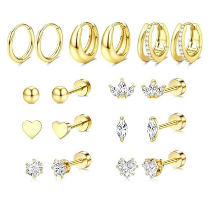 Stainless Steel Stud Earrings Set for Women Hypoallergenic Flat Back Cartilage Earrings Screw Back Huggie Hoop Earrings Multiple Piercing Cubic Zirconia Helix Tragus Jewelry - color: Set-A-14K Gold Plated