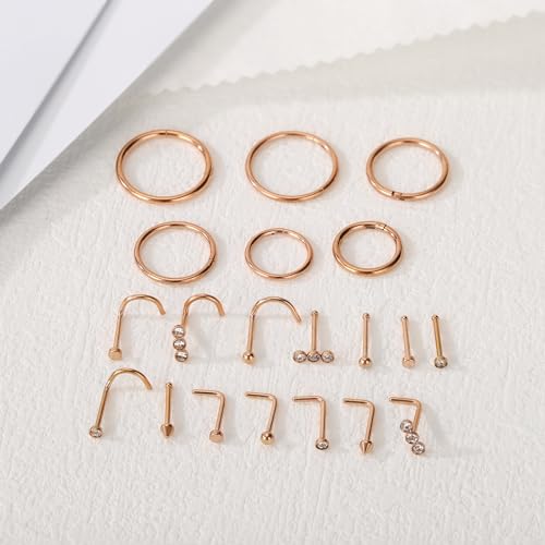 Surgical Steel Nose Ring 16G 18G L Shape Nose Studs Body Piercing for Women - color: D-Rose Gold