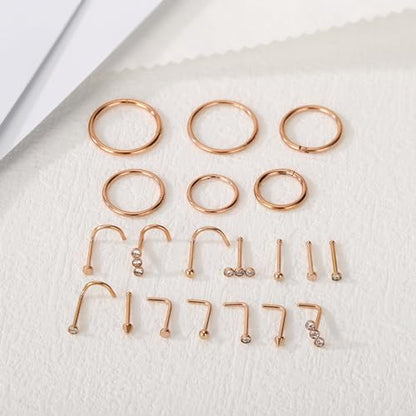 Surgical Steel Nose Ring 16G 18G L Shape Nose Studs Body Piercing for Women - color: D-Rose Gold