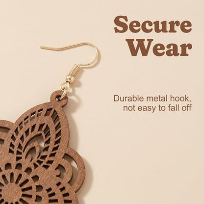 Boho Black Filigree Dangle Earrings for Women, Lightweight Hollow Lace Drop, Wood, 3.34" x 1.69", Bohemian Jewelry - color: Light Brown
