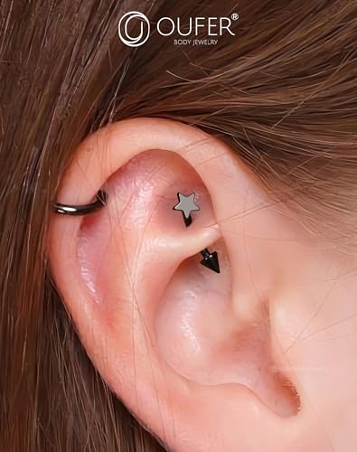 OUFER Rook Piercing Jewelry, G23 Solid Titanium Eyebrow Rings, Heart Vertical Labret Lip Jewelry, 16G Curved Barbells, Daith Rook Earrings for Women Men - color: Black Star, size: 16G 8mm