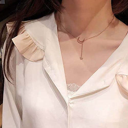 Long Moon and Star Neclace for Women 14K Gold Plated Crescent Moon Star Pendant Choker Lariat Necklaces for Womens Girls - color: gold