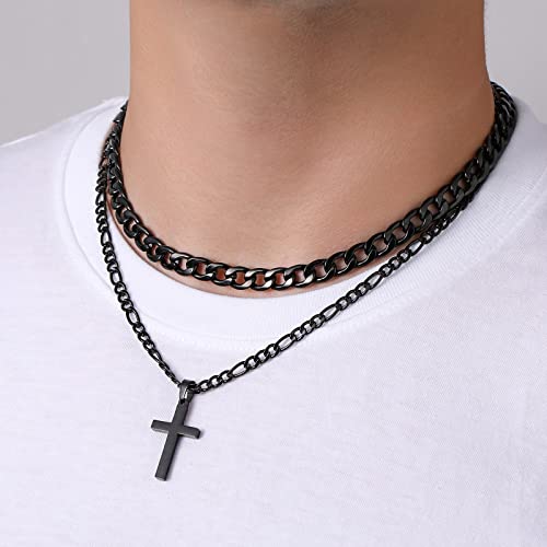 WEDDINEN Cross Necklace for Men Boys, Stainless Steel Layered Cross Pendant Cuban/Figaro Chains Christmas Jewelry Gifts - color: Black, size: 20in/22in