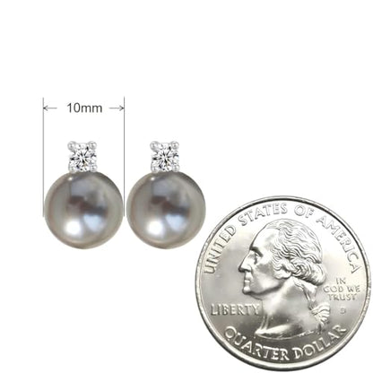 Faux Pearl Cubic Zirconia Stud Earrings, Hypoallergenic Lightweight Round Pearl Studs for Women - color: Platinum Grey, size: Pearl 10mm-CZ 3mm