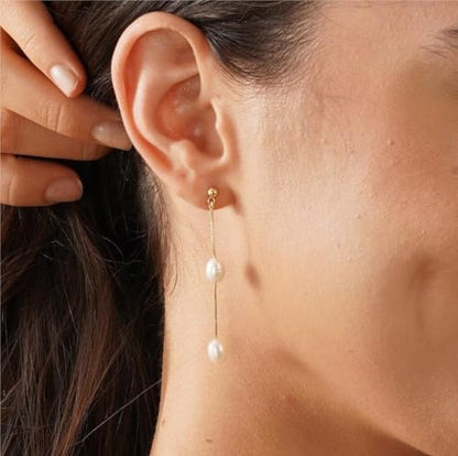 Pearl Earrings for Women:Gold Wedding Dangle Drop Earring Pearl Jewelry | 14K Gold Plated Pearl Drop Earrings for Women,Dainty Wedding Bride Earring Studs,Gold Dangle Drop Earring,Waterproof Jewelry - size: 1 pcs-1