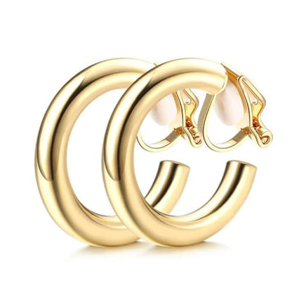 Non Pierced Gold Tone Clip On Hoop Earrings - style: 3mm Thick Tube Hoops