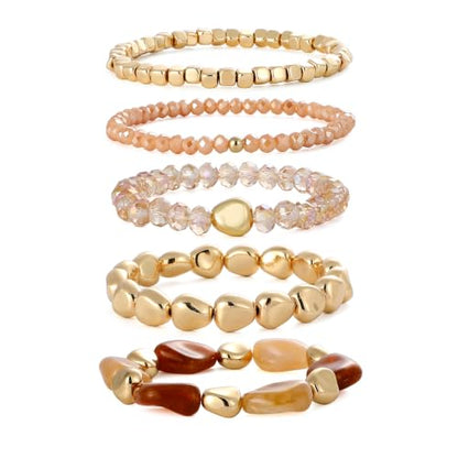GOOJIDS Multilayer Colorful Gold Beaded Stackable Bracelets For Women Set Bohemia Heart Charm Strand Bracelets Friendship Elastic Wristbands Summer Beach Boho Vacation Jewelry - color: D-Brown Beads Set