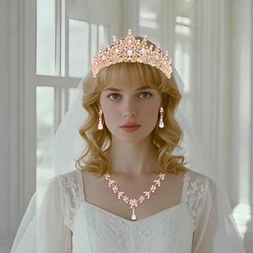 Crystal Crown and Tiara Jewelry Set for Women Bride with Necklace Earrings | Metal Rhinestone Royal Queen Princess Jewelry Set Wedding Quinceanera Pageant Prom Birthday Halloween Party Costume Gift - color: Gold
