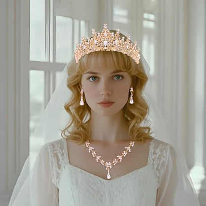 Crystal Crown and Tiara Jewelry Set for Women Bride with Necklace Earrings | Metal Rhinestone Royal Queen Princess Jewelry Set Wedding Quinceanera Pageant Prom Birthday Halloween Party Costume Gift - color: Gold