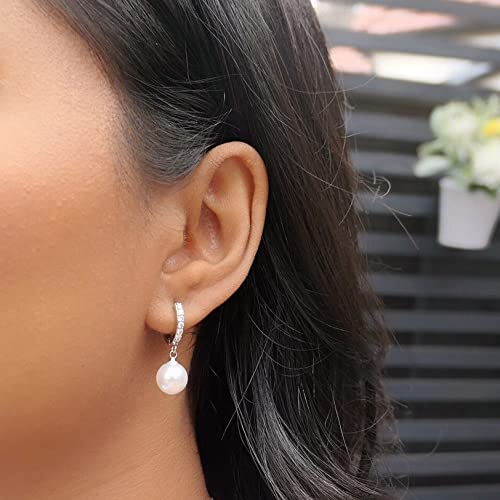 CERSLIMO Pearl Drop Earrings for Women | S925 Sterling Silver Post Simulated Shell Pearl Hoop Dangle Earrings, Hypoallergenic Cubic Zirconia Huggies Earrings Bridesmaid Jewelry - style: 01 Silver-Round