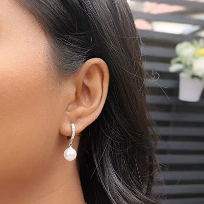 CERSLIMO Pearl Drop Earrings for Women | S925 Sterling Silver Post Simulated Shell Pearl Hoop Dangle Earrings, Hypoallergenic Cubic Zirconia Huggies Earrings Bridesmaid Jewelry - style: 01 Silver-Round