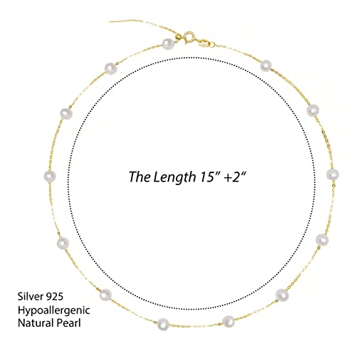 925 Sterling Silver Dainty Freshwater Cultured Pearl Choker Necklace White Genuine Real Pearl Charm Necklaces Jewelry Gifts for Her - color: Satellite Pearl-Gold 4.5-5.5mm