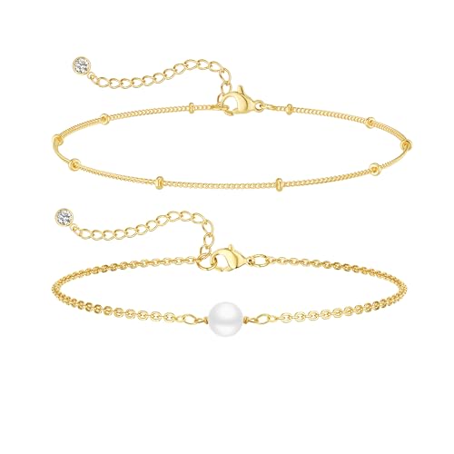 Cuzmly Bracelets for Women, Waterproof 14K Gold/Silver Plated Stackable Bracelets for Women Non Tarnish Trendy Dainty Paperclip Figaro Box Herringbone Hand Chain Bracelet Pack Stack Adjustable Jewelry for Women - style: 2 Single Pearl