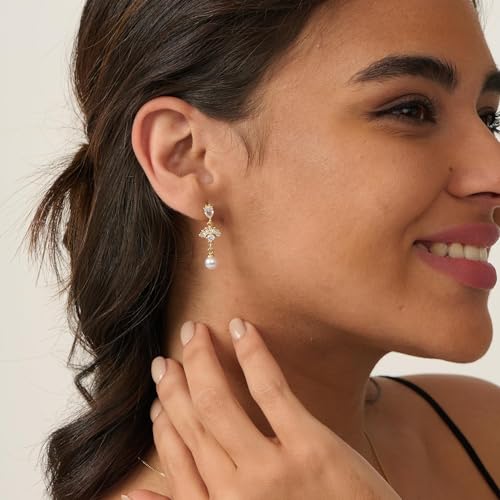 Pearl Earrings - 14K Gold/White Gold/Rose Gold Plated Cubic Zirconia CZ Diaomond Accented Pearl Drop Dangle Earrings for Women Wedding Bridal Prom - color: Fan Dangle