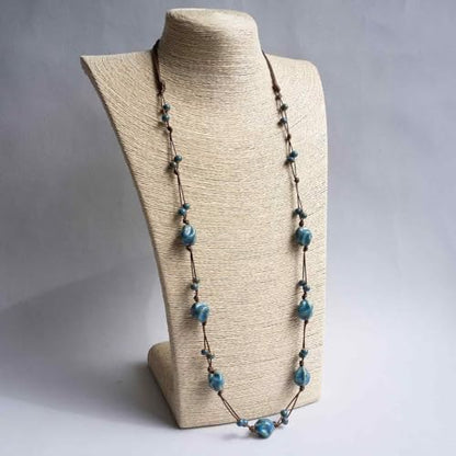 Bohemian Long Beaded Necklace for women, Colorful Hippie Long Layered Necklace, Handmade Boho Jewelry Gift for Mom - color: Teal Blue