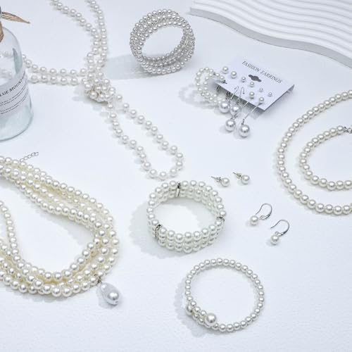 NEWITIN 23 Pieces Pearl Jewelry Set for Women Prom Costume Accessories | Hypoallergenic, Faux Pearl Necklaces Earrings Bracelets, Costume Jewelry Set for Wedding Birthday Bridal Shower Party