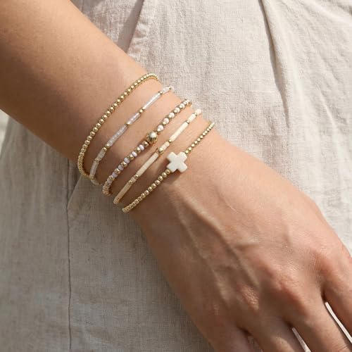 Gold Beaded Bracelets Stack for Women Stackable 14K Gold Plated Beads Ball Cross Bracelet Boho Christian Jewelry Faith Friendship Birthday Gifts for Women - color: White