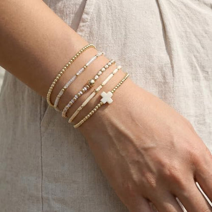 Gold Beaded Bracelets Stack for Women Stackable 14K Gold Plated Beads Ball Cross Bracelet Boho Christian Jewelry Faith Friendship Birthday Gifts for Women - color: White