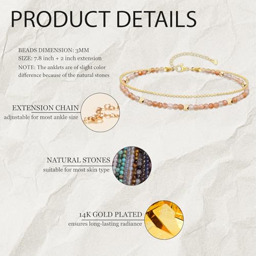 Gold Ankle Bracelet for Women Waterproof, Dainty Natural Stone Bead Anklet Adjustable Double Ankle Chain Summer Beach Boho Foot Jewelry Anniversary Birthday Gifts - color: Sunstone